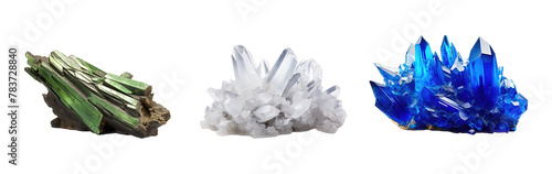 Blue and green quartz crystals isolated on white background with clipping path.