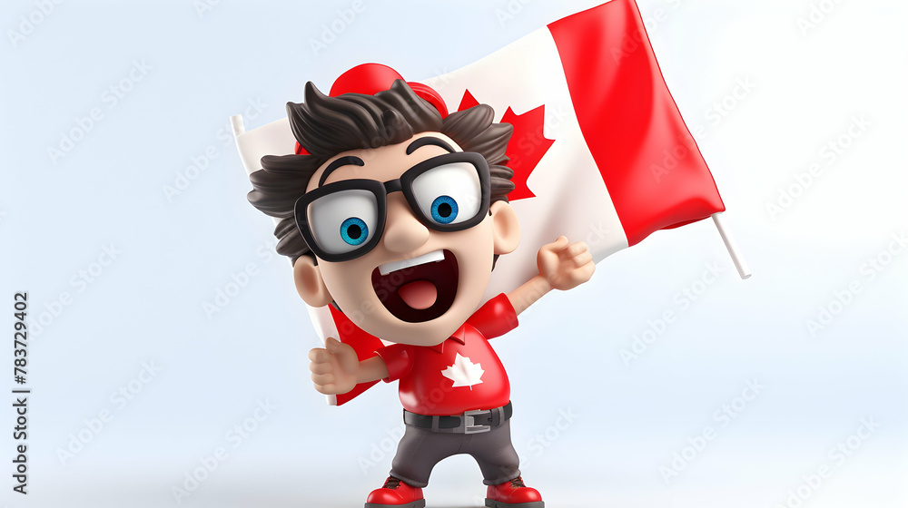 A 3D rendering character proudly holding the Canadian flag with excitement A 3D rendering character proudly holding the Canadian flag with excitement