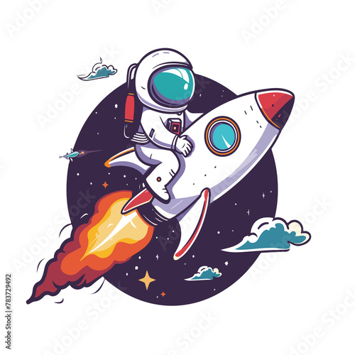A cartoon astronaut on a rocket in space moon. 