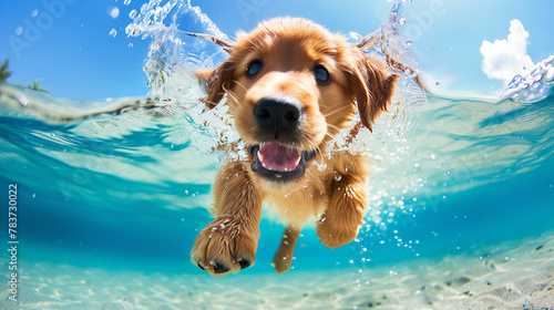 A cute golden retriever puppy swimming in the clear water of an American lake, with its tongue hanging out and big eyes looking at you happily. The clear blue sky, natural scenery, and sunny day.  © Sweetrose official 