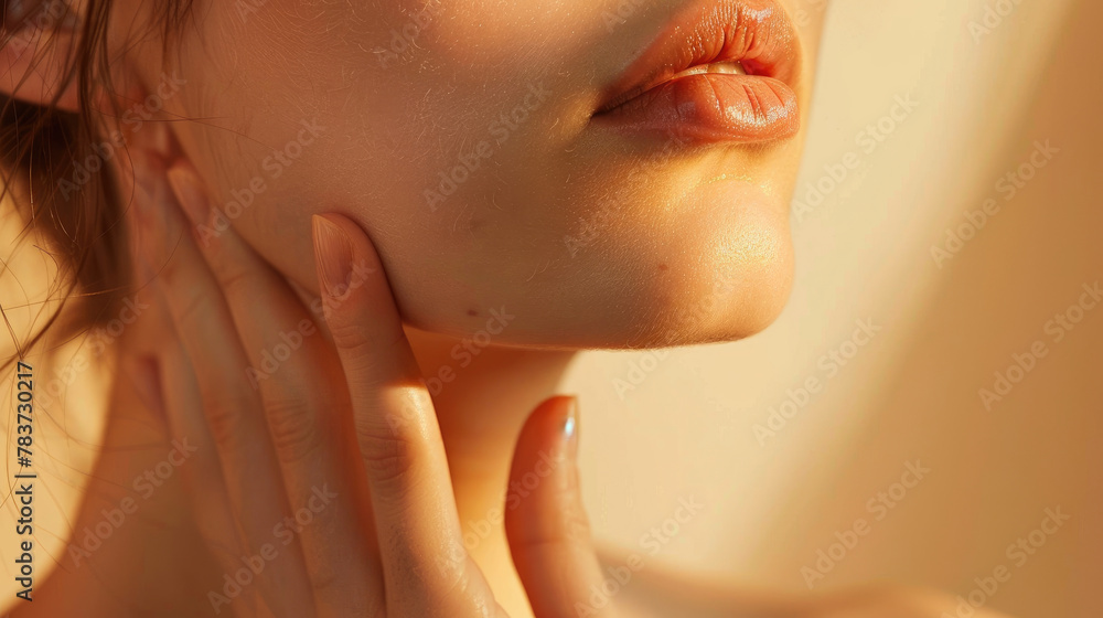 Close-up of woman's face, chin, beautiful lips and neck with touch on ...