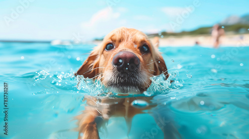 A cute golden retriever puppy swimming in the clear water of an American lake, with its tongue hanging out and big eyes looking at you happily. The clear blue sky, natural scenery, and sunny day. 