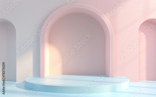 3D render Minimal scene with podium and abstract background. Pastel colors with Geometric shapes interior cosmetic product show. blue ,pink, green , and white © MUS_GRAPHIC