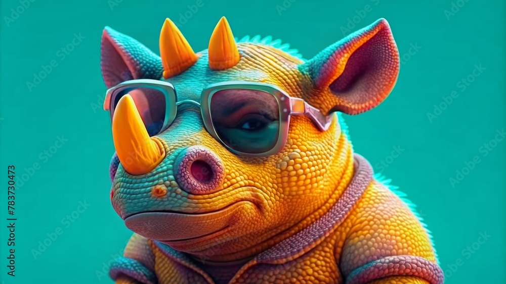 Cute colorful rhino wearing sunglasses on a plain blue background