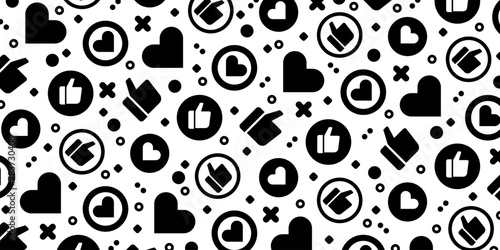 Social media with hearts and thumbs up cover template. Black and white vector illustration.