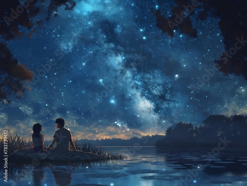 A couple is sitting by a lake at night, looking up at the stars. The scene is peaceful and romantic, with the couple enjoying each other's company and the beauty of the night sky