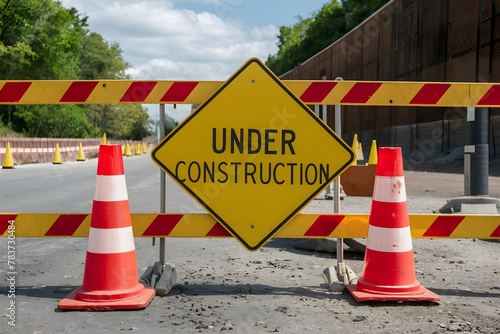 StockImage Barrier with under construction sign and road cones signaling work in progress