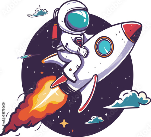 
A cartoon astronaut on a rocket in space moon