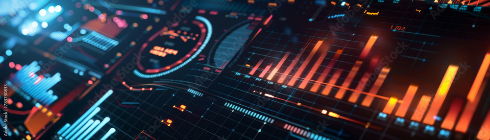 Close-up of a futuristic data analytics interface with vibrant charts and graphs.