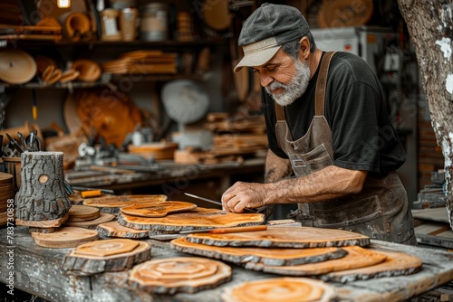 A skilled craftsman carefully examines a wooden piece in his workshop, surrounded by handcrafted woodwork and tools.