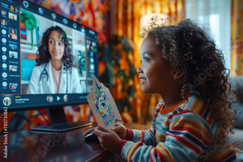 A child of mixed ethnicity holds up a colorful drawing during a telemedicine appointment, engaging with her doctor online.