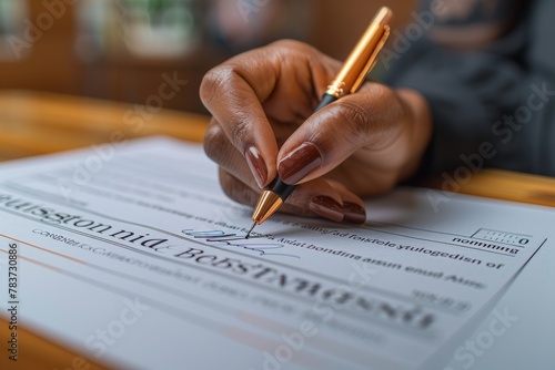 A close-up view captures a person's hand signing a document, symbolizing commitment, agreement, or concluding a formal arrangement.