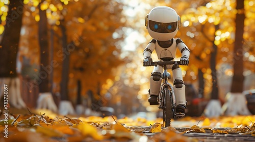 The robot rides a bicycle in the autumn park on a background of yellow leaves.