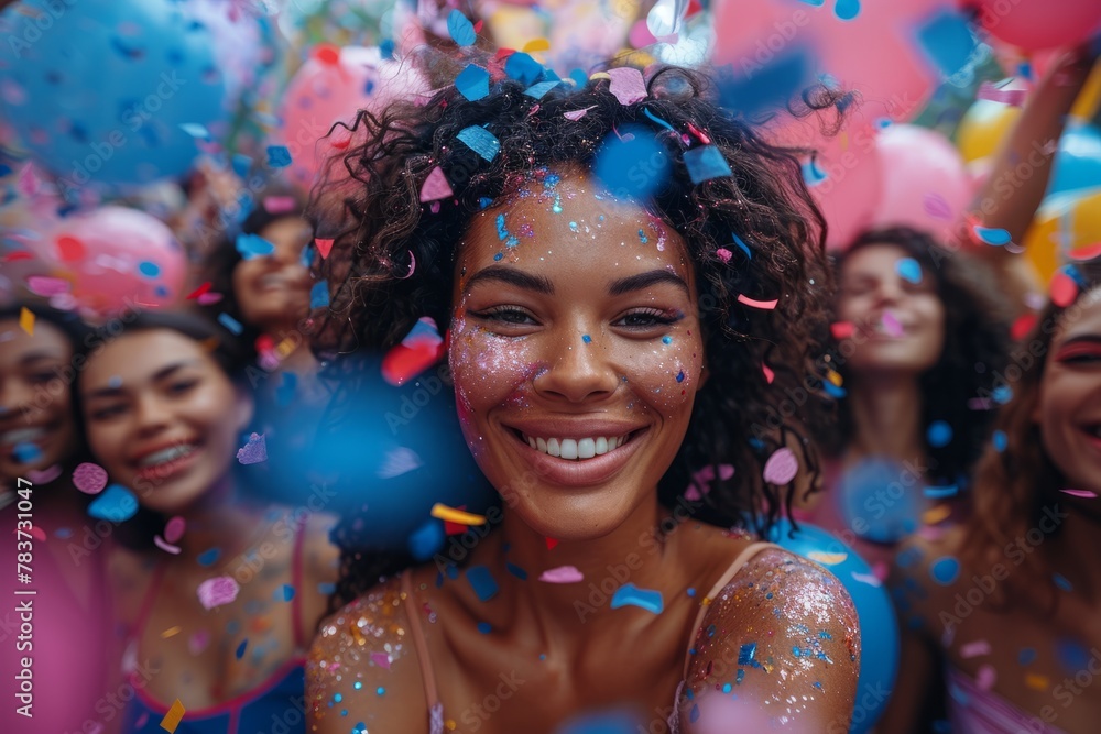 A smiling woman with glitter on her face, surrounded by confetti and balloons, celebrating joyfully with friends.