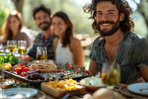 A group of smiling people of various ages enjoying a meal together at a rustic outdoor table filled with colorful dishes.