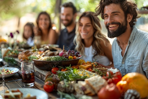 A group of smiling people of various ages enjoying a meal together at a rustic outdoor table filled with colorful dishes.