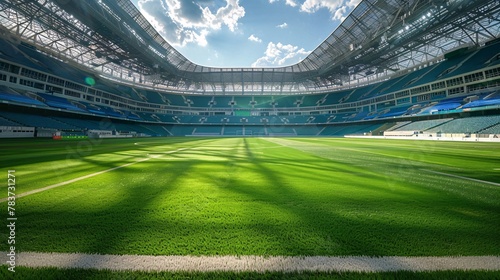 Soccer field with green grass and white marking lines, close up