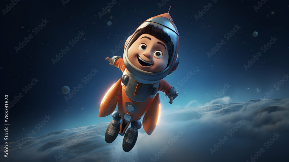 A 3D rendering featuring a smiling rocket character soaring through the sky, A 3D rendering featuring a smiling rocket character soaring through the sky,