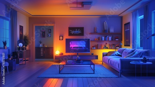 Modern interior of a living room. Evening neon lighting.