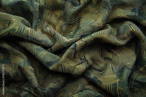 Abstract military background with randomly folded green, black and brown camouflage fabric texture
