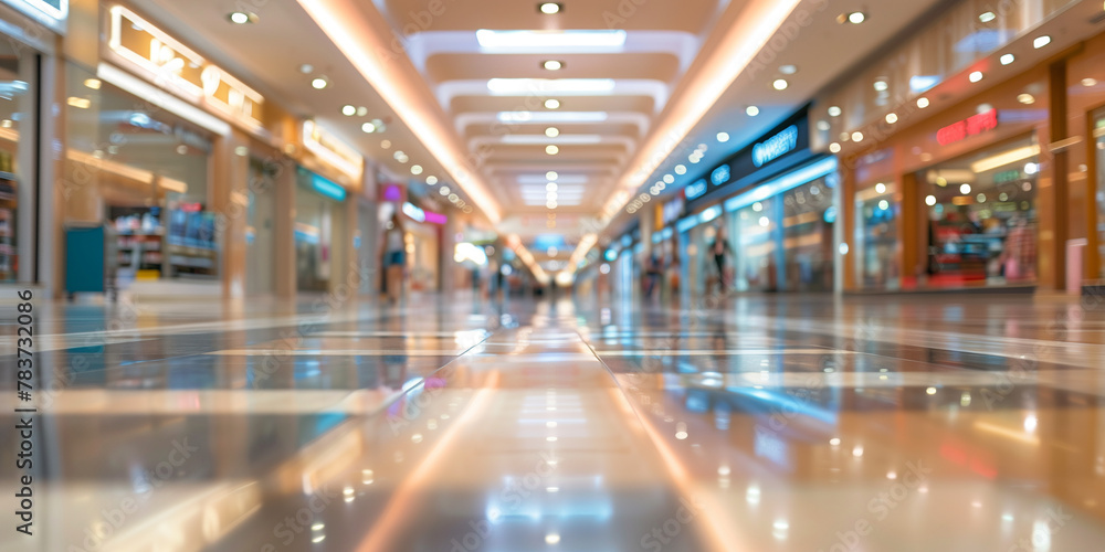 Shopping mall interior as the main element, perfect for an advertising banner with space for content. Abstract blurry background. Shopping mall interior as the main element, perfect for an advertising banner with space for content. Abstract blurry background.