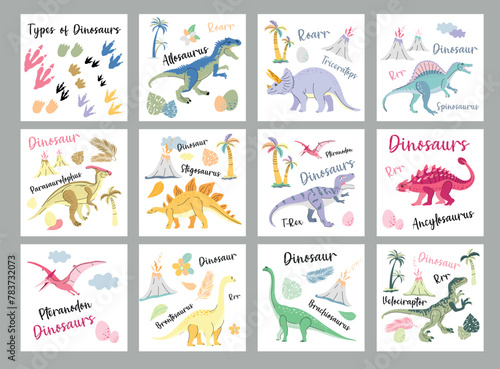 Benner card dinosaur color set. Vector dinosaurs on white background. Tyranosaurus Rex, Stegosaurus, Brachiosaurus, Triceratops, and Pterodactyl cartoons.Adobe Illustrator Artwork
