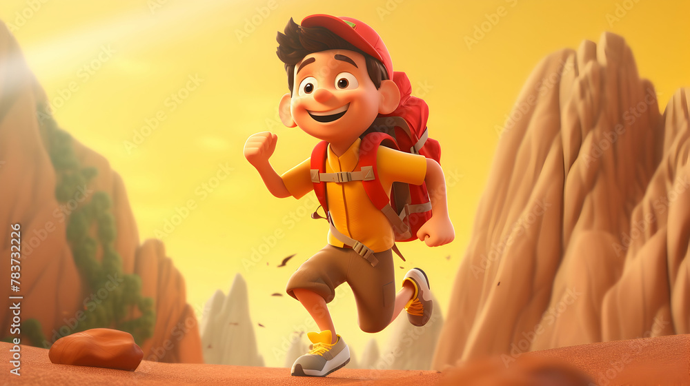 A 3D rendering featuring a young, smiling 3D figure exploring different moments of adventure,