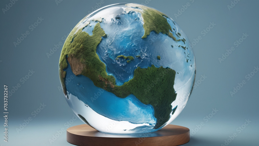 Detailed Globe Illustration Featuring North and South America, Oceans, and Green Landmasses on Wooden Stand - obrazy, fototapety, plakaty 