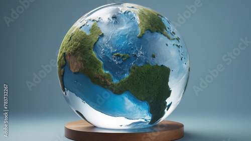 Detailed Globe Illustration Featuring North and South America  Oceans  and Green Landmasses on Wooden Stand