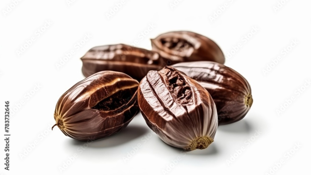 Six cracked open brown nuts with a white background Six cracked open brown nuts with a white background