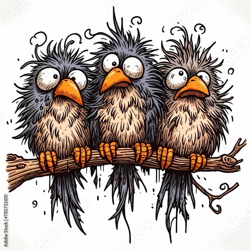 three dumbfounded birds sitting next to each other on a branch, funny birds
 photo