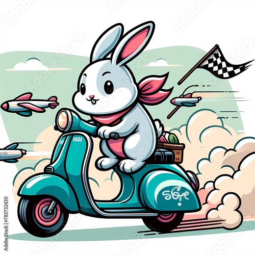cartoon rabbit rides a motorcycle with a basket of vegetables. 