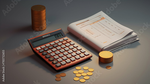 A 3D rendering featuring financial charts and a calculator in cartoon style,