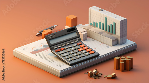A 3D rendering featuring financial charts and a calculator in cartoon style,