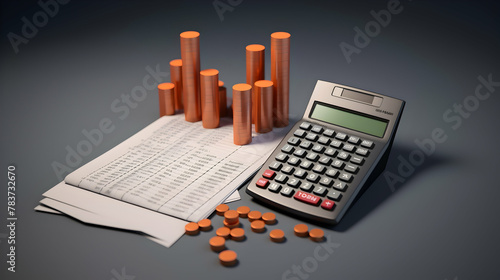 A 3D rendering featuring financial charts and a calculator in cartoon style,