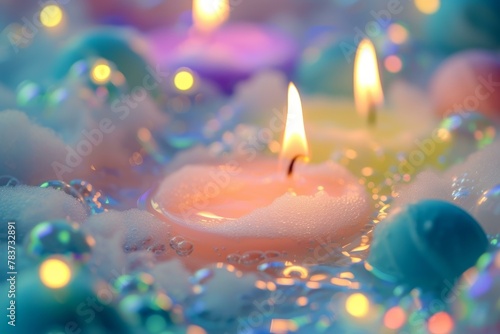 Relaxing Bath bubbles candles. Interior relax. Generate Ai