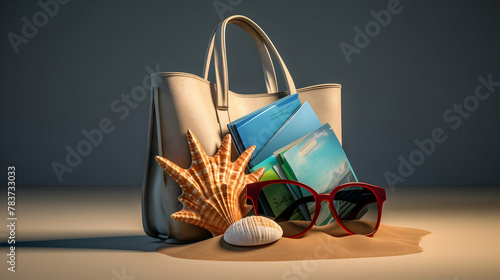 A 3D rendering of a beach bag filled with a book  seashells 