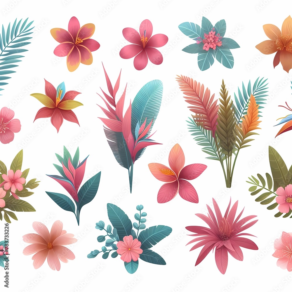 a collection of colorful flowers and leaves including tropical leaves and flowers. a collection of colorful flowers and leaves including tropical leaves and flowers.