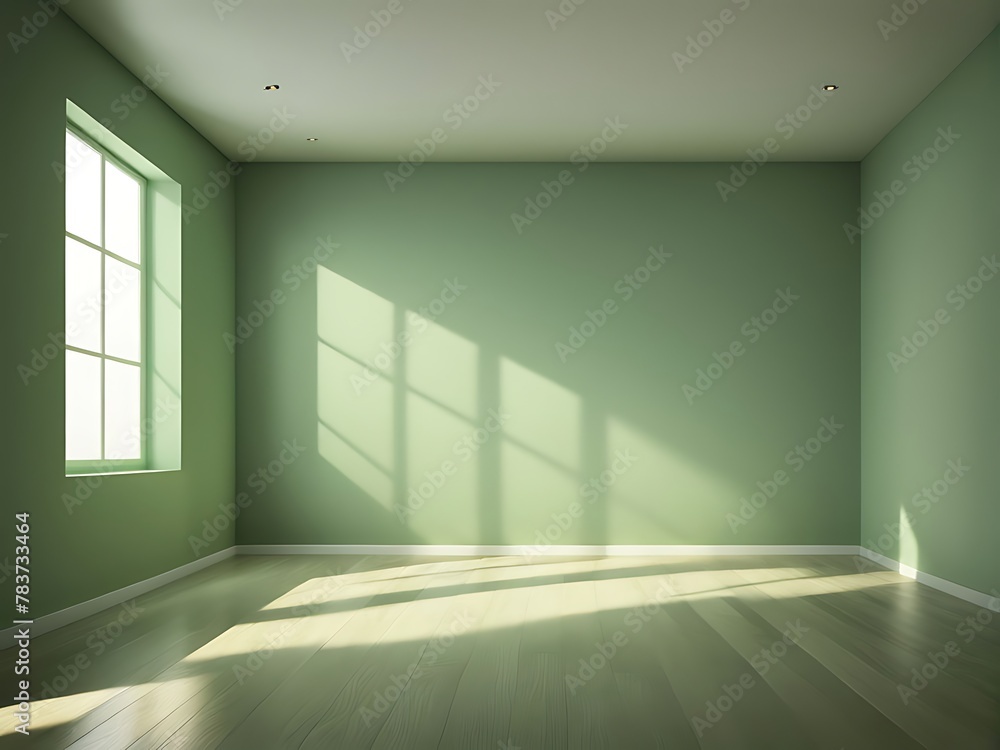 Obraz premium Green empty room with a wooden floor and a wall. Free copy space background wallpaper design 