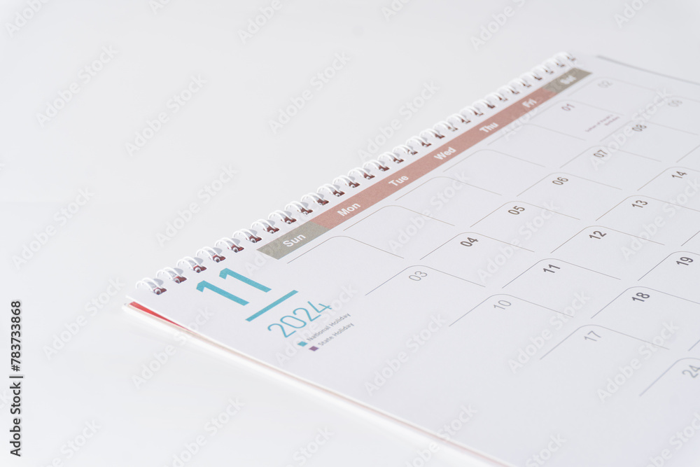 November calendar of 2024 displayed on white backgound. November calendar of 2024 displayed on white backgound.