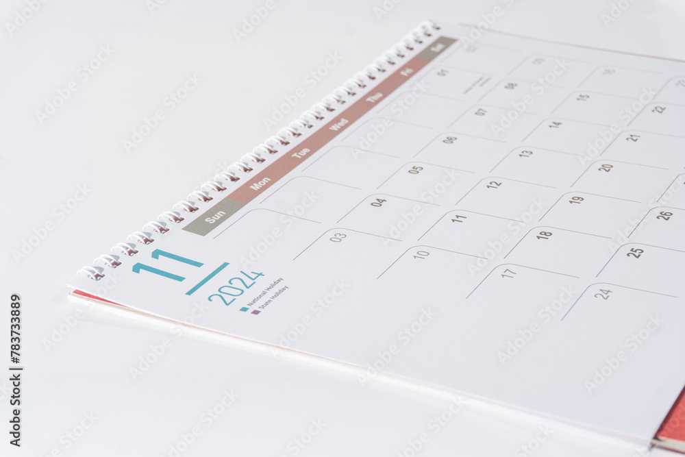 November calendar of 2024 displayed on white backgound. November calendar of 2024 displayed on white backgound.