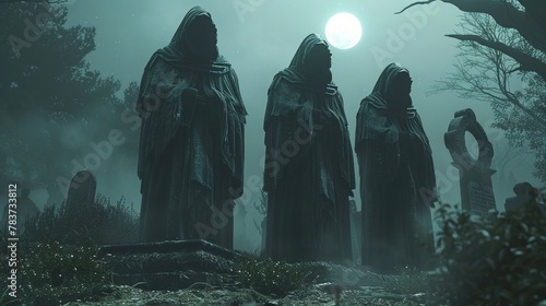 Hooded figures, ancient scrolls, hidden chambers, unveiling the secret societies in a moonlit cemetery, 3D render photo