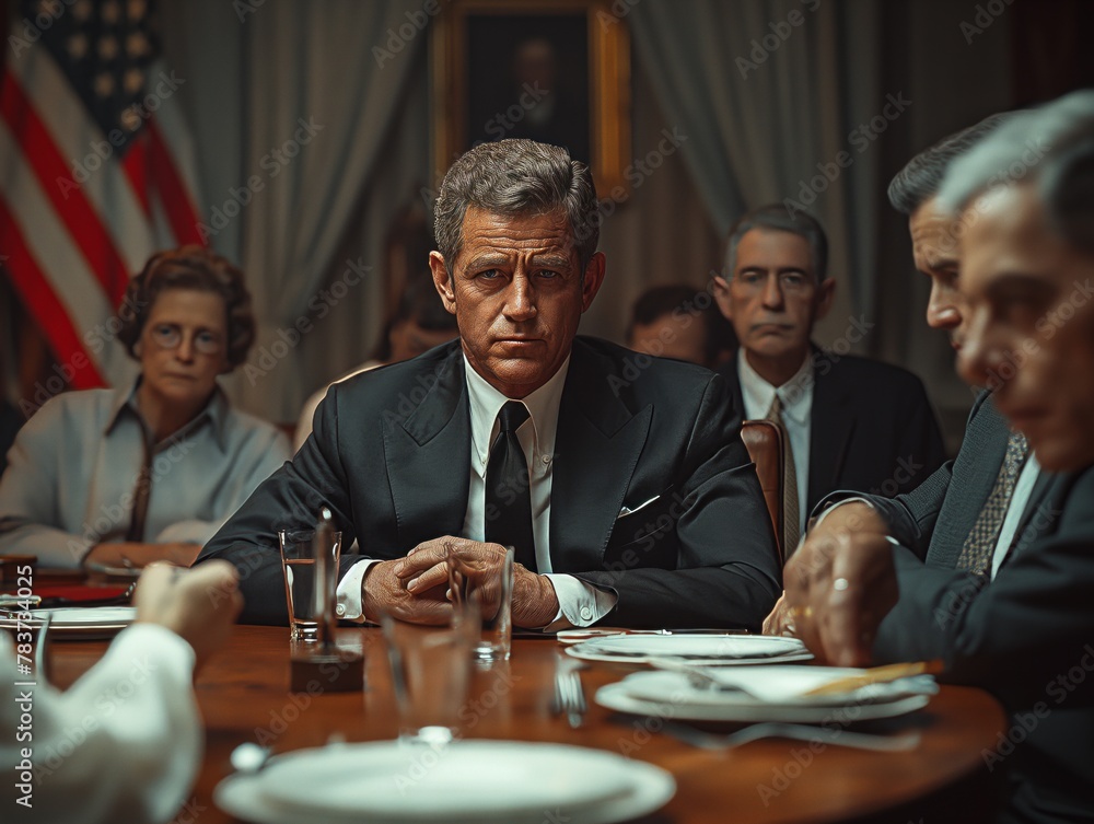 A man in a suit sits at a table with other men, looking at a document. Scene is serious and formal - obrazy, fototapety, plakaty 