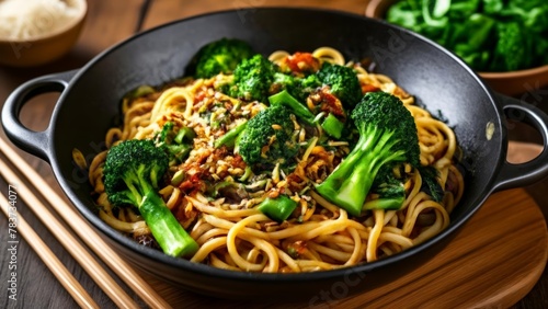  Delicious stirfry with noodles broccoli and vegetables in a wok photo
