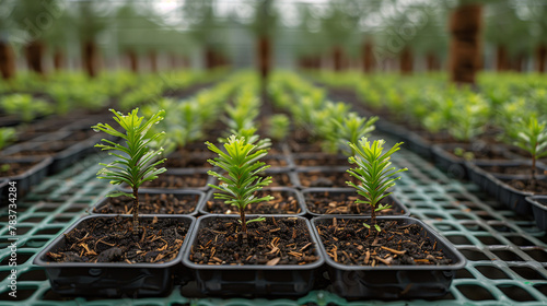 Rows of young plants growing in pots in a greenhouse, with a shallow depth of field focusing on one plant. Concept of agriculture, growth, and sustainability.