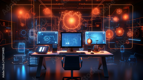 A 3D rendering of a computer science lab with futuristic computers and coding symbols