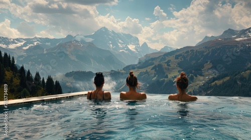 Women enjoying the panoramic view from the pool AI generated photo