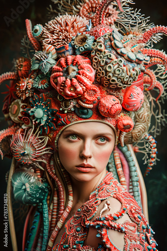 Surreal Underwater Fantasy: Woman Adorned in Coral Reef Ensemble
