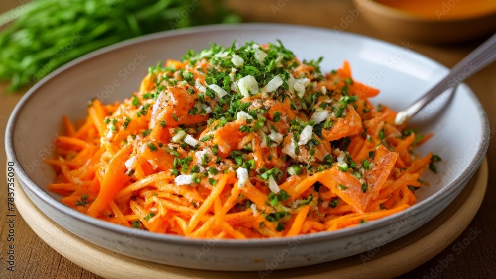 Freshly shredded carrots with herbs ready to be enjoyed Freshly shredded carrots with herbs ready to be enjoyed