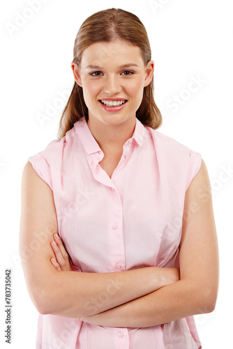 Girl, arms crossed and smiling in studio portrait for confidence, style and fashion in smart casual shirt. Female person, happy and relaxed on white background for work clothes or professional wear